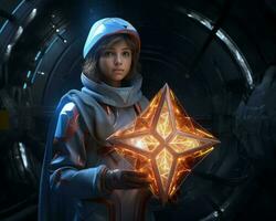 a woman in a space suit holding a star generative ai photo