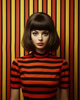 a woman in a striped top and black hair against a striped background generative ai photo