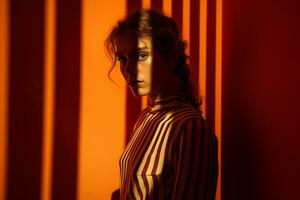 a woman in a striped shirt is standing in front of a wall of orange light generative ai photo