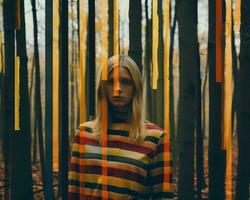 un mujer en un a rayas camisa en pie en un bosque generativo ai foto