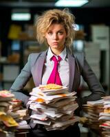 a woman in a suit and tie standing in front of a pile of papers generative ai photo