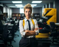 a woman in a suit and tie standing in an office generative ai photo