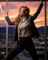 a woman in a suit and tie standing in front of a window generative ai photo