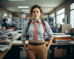 a woman in a suit and tie standing in an office generative ai photo