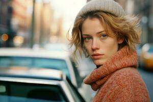 a woman in a sweater and beanie standing in front of a car generative ai photo