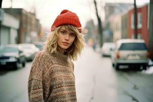 a woman in a sweater and red beanie standing on the street generative ai photo