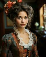 a woman in a victorian dress with flowers in her hair generative ai photo