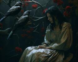 a woman in a white dress sits on a branch with two crows generative ai photo