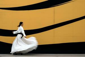 a woman in a white dress is walking in front of a black and yellow wall generative ai photo