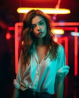 a woman in a white shirt standing in front of neon lights generative ai photo