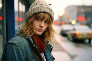 a woman in a winter hat and jacket standing on the street generative ai photo