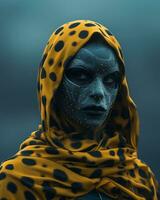 a woman in a yellow and black scarf with black spots on her face generative ai photo