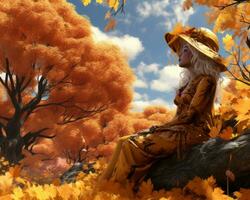 un mujer en un amarillo vestir se sienta en un rock en el medio de un otoño bosque generativo ai foto