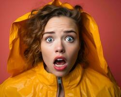 a woman in a yellow raincoat with her mouth open generative ai photo