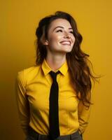a woman in a yellow shirt and black tie looking up generative ai photo