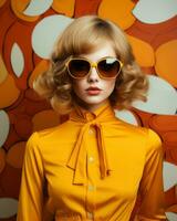a woman in a yellow shirt and sunglasses posing in front of an orange background generative ai photo