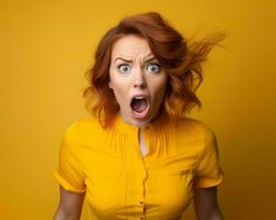 un mujer en un amarillo camisa con su boca abierto generativo ai foto