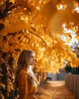 a woman in a yellow dress standing in front of trees with yellow leaves generative ai photo