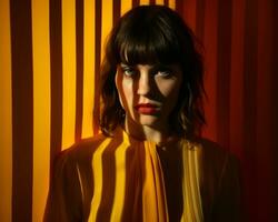 a woman in a yellow shirt is standing in front of a striped wall generative ai photo