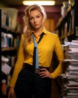 un mujer en un amarillo camisa generativo ai foto