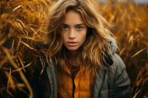 a woman in a yellow jacket standing in a field generative ai photo