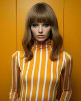 un mujer en un naranja y blanco a rayas camisa generativo ai foto