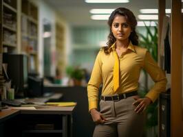 a woman in a yellow shirt standing in an office generative ai photo