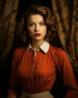 a woman in an orange blouse and white collar generative ai photo