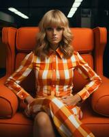 a woman in an orange checkered dress sitting on an orange chair generative ai photo