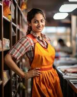 a woman in an orange apron standing in a store generative ai photo