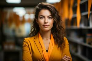 a woman in an orange blazer standing in a library generative ai photo