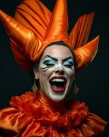 a woman in an orange costume with her mouth open generative ai photo