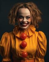 a woman in an orange clown costume with red lips generative ai photo