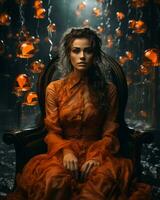 un mujer en un naranja vestir sentado en un silla rodeado por naranja orbes generativo ai foto