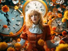 a woman in an orange dress is surrounded by clocks generative ai photo