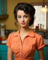 un mujer en un naranja vestir en pie en un cocina generativo ai foto
