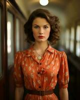 a woman in an orange dress standing in front of a train generative ai photo