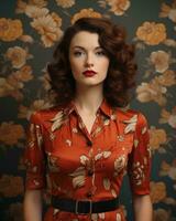 a woman in an orange floral dress with red lipstick generative ai photo