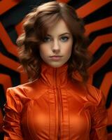 a woman in an orange jacket posing in front of an abstract background generative ai photo