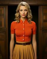 a woman in an orange shirt and skirt standing in front of a wooden door generative ai photo