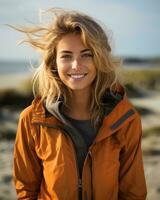 a woman in an orange jacket on the beach generative ai photo