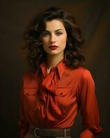 a woman in an orange shirt and brown belt generative ai photo