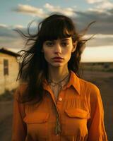 a woman in an orange shirt standing in front of an old building generative ai photo