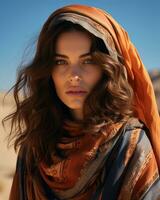 a woman in an orange shawl in the desert generative ai photo