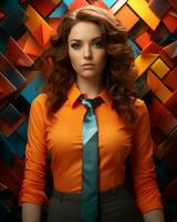 a woman in an orange shirt and tie standing in front of a colorful background generative ai photo