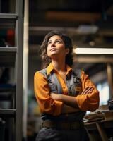 a woman in an orange shirt and overalls standing in a warehouse generative ai photo