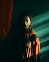 a woman in an orange shirt is standing in front of a wall generative ai photo