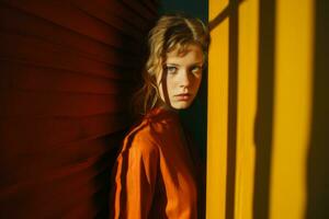 a woman in an orange shirt leaning against a wall generative ai photo