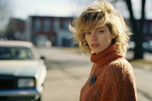 a woman in an orange sweater standing in front of a car generative ai photo