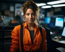 un mujer en un naranja camisa en pie en frente de un computadora generativo ai foto